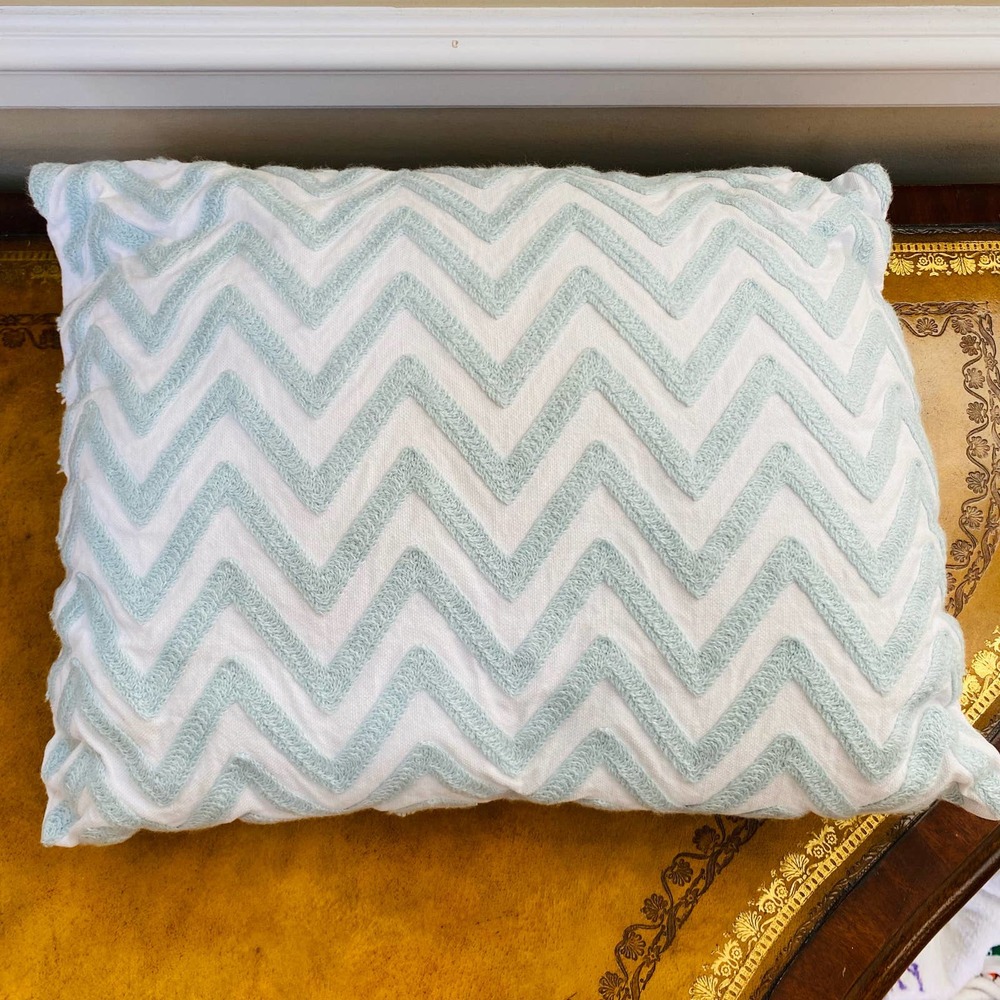 Chevron Zig Zap Textured Cotton Aqua Soft Blue Rectangular Washable Throw Pillow